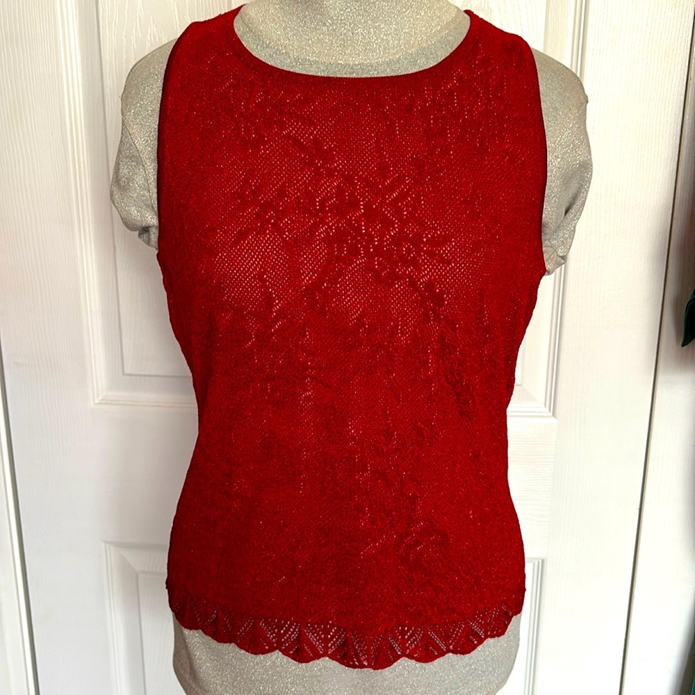Escada red lace crochet sparkle floral tank camisole top 40 old money rich aunt